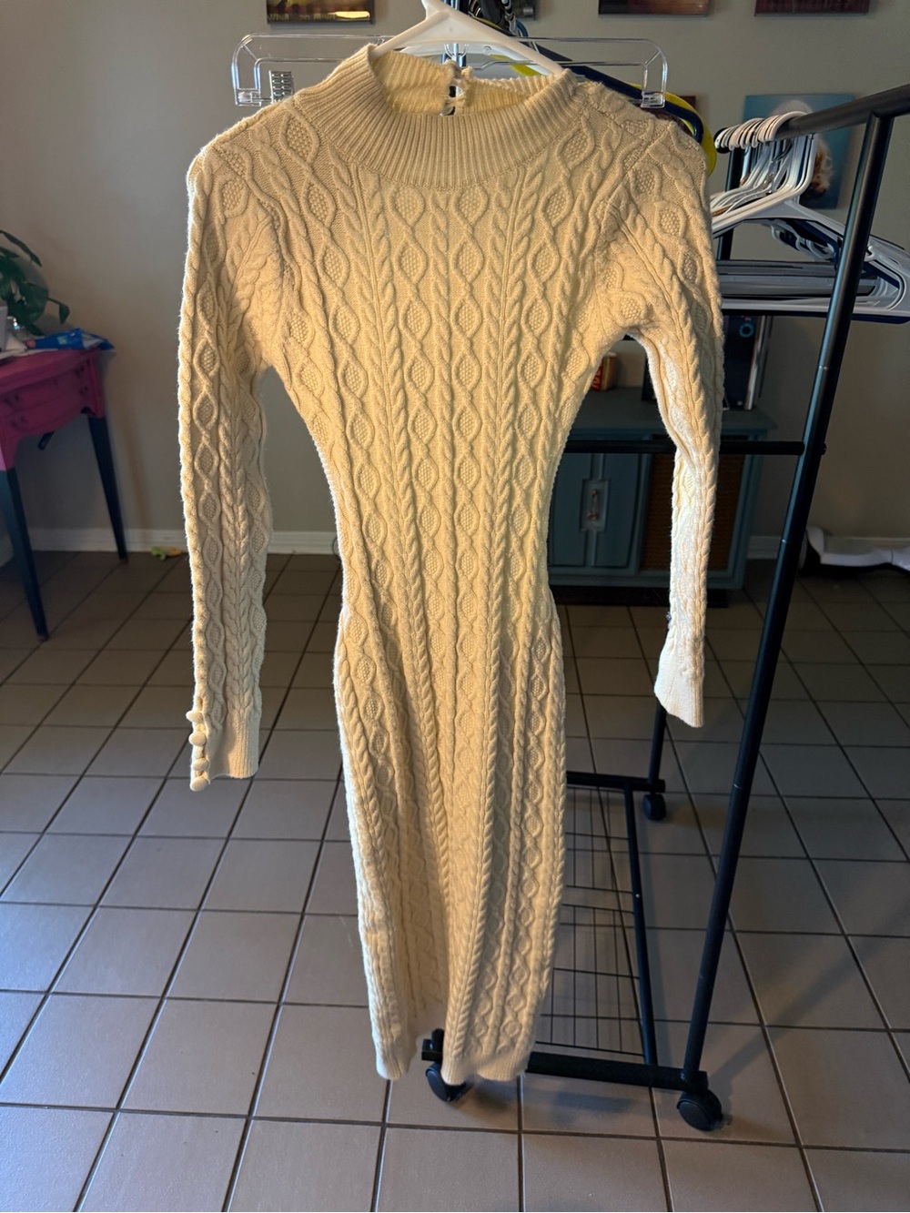 blanc noir Cream Cable-Knit Maxi Sweater Dress